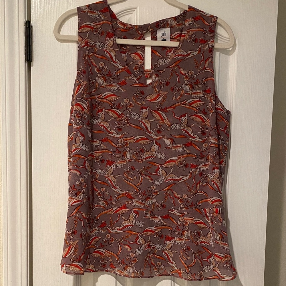 CAbi Mauve Floral Sleeveless Shell with Red and Cream Accents